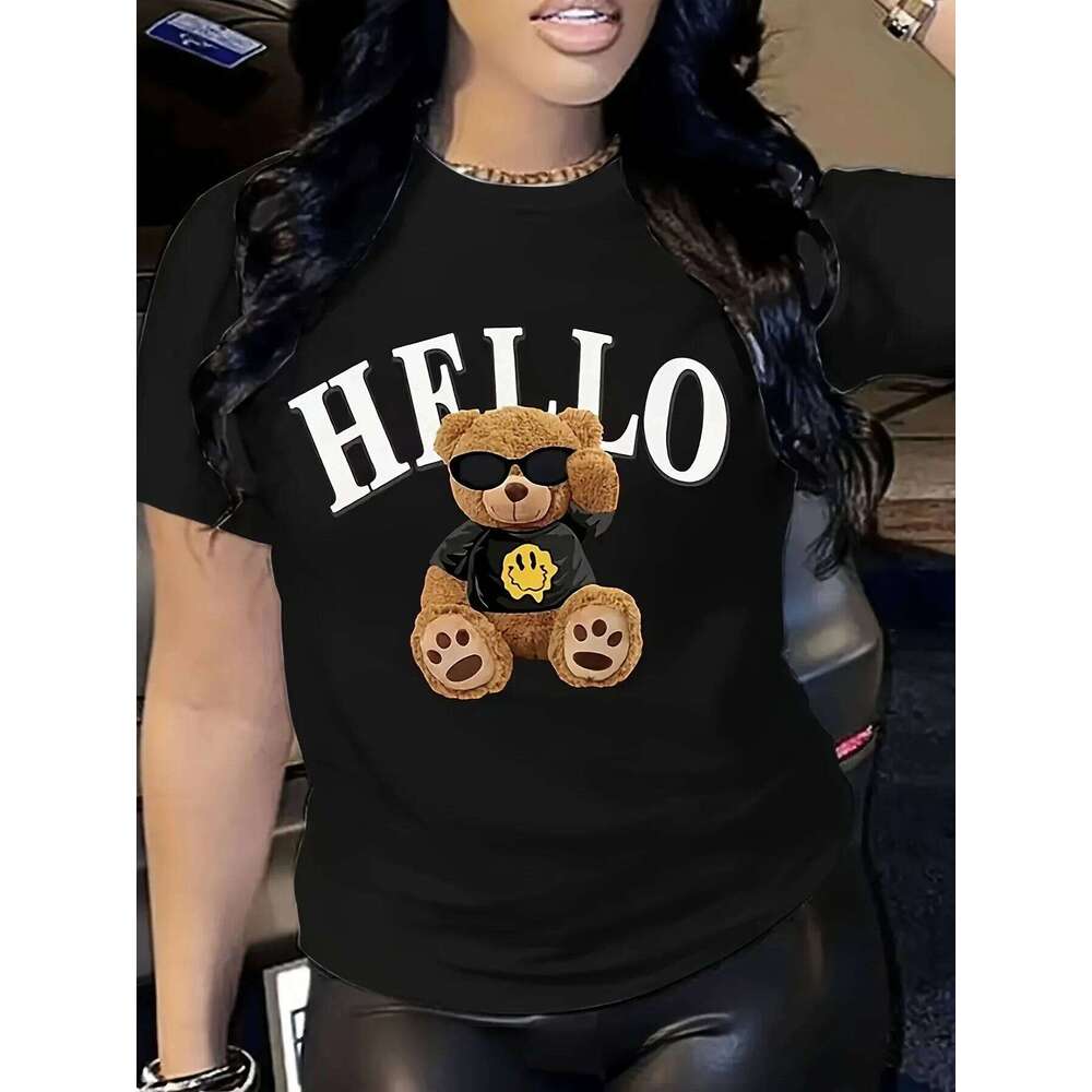Bear Print T-shirt Short Sleeve Crew Neck Casual Top for Summer & Spring Women's Clothing Z260312