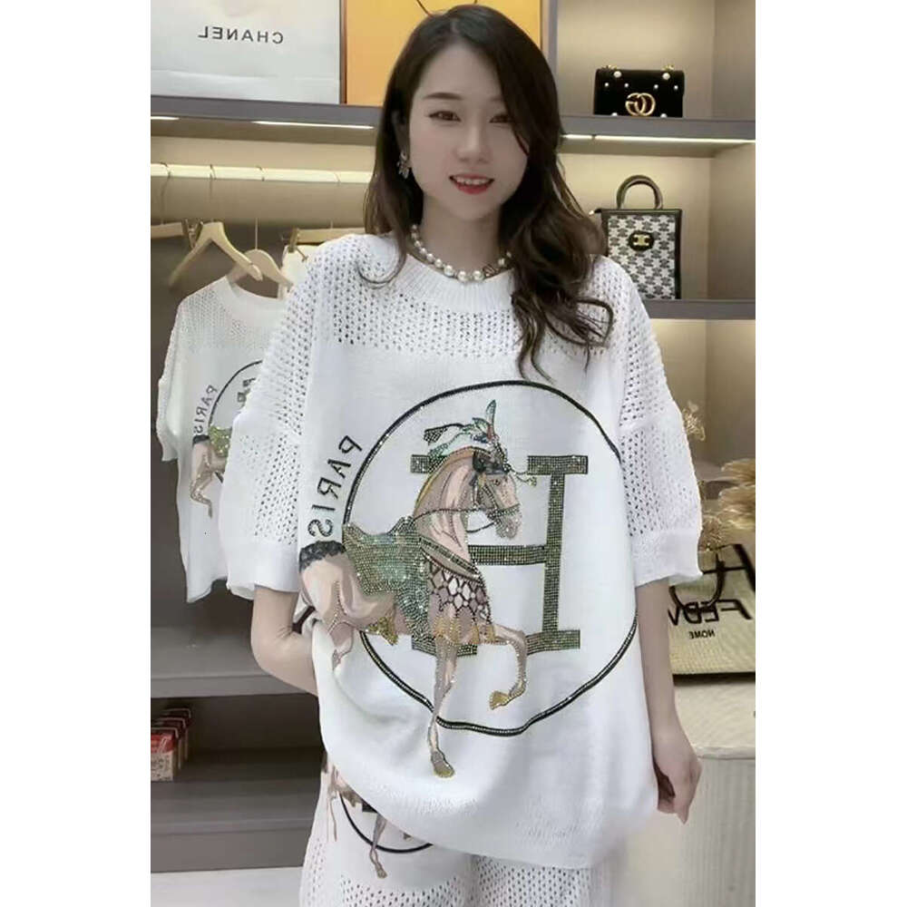 Rhinestone White T-Shirt For Women, European Fashion Mid-Length Short-Sleeve Spring-Summer Knitted Top