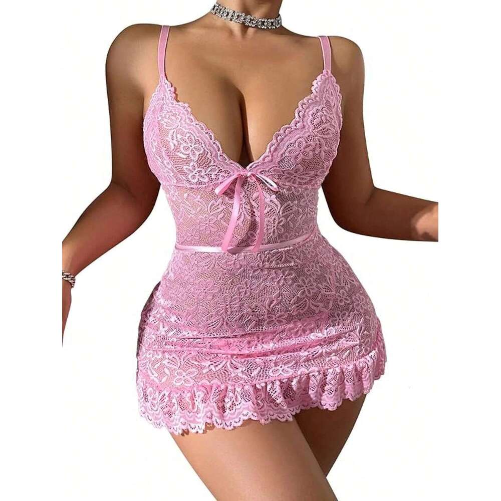 Women Black Lace Bodysuit Dress with Deep V-Neck and Bow Tie Sexy Sheer Mini Dress for Night Out, Party, or Romantic Wear