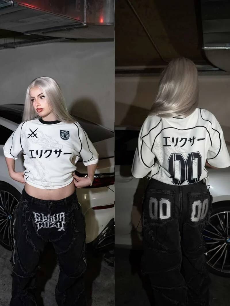 Fashionable Gothic mechanical style embroidered letter pattern oversized T-shirt women's Y2K retro Harajuku loose short sleeved ddmythur