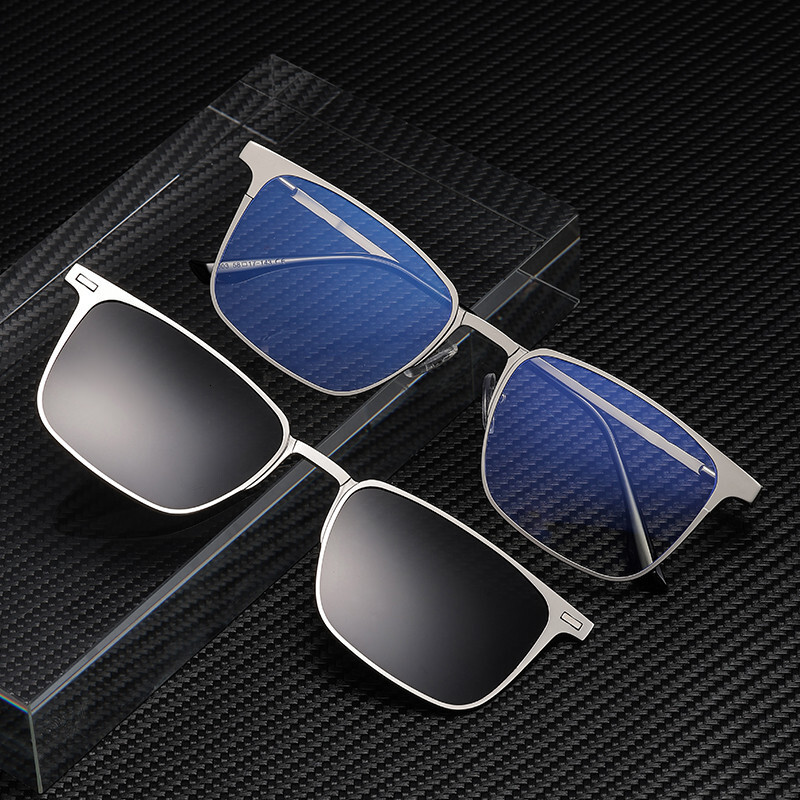 Multifunctional flat-lens magnetic clip-on sunglasses with square frame for men, trendy outdoor driving sun protection glasses