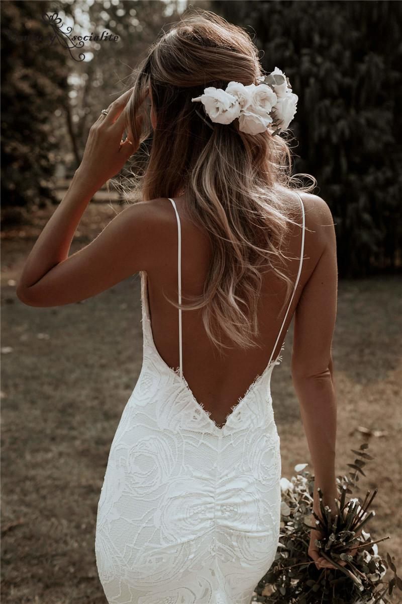 Sexy Backless Lace Mermaid Wedding Dresses For Summer Garden Bohemian Country Weddings Bride V-Neck Appliques Boho Beach Bridal Gowns M12