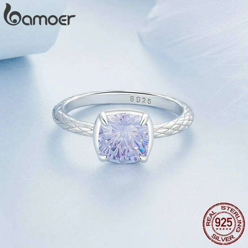 BAMOER 925 Sterling Silver Sparkling Square Gemstone for Women White Gold Plated Pattern Ring Fine Jewelry Gift BSR573 H260312