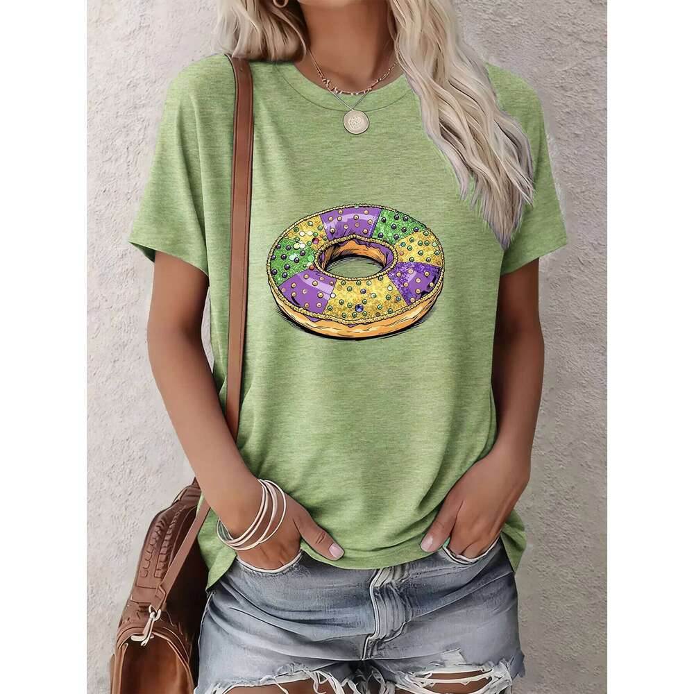Women's Mardi Gras Short-Sleeve Tee Cartoon Carnival Food Prints For Casual Outings/Gatherings/Gifts | Multi-Color Options Z260312