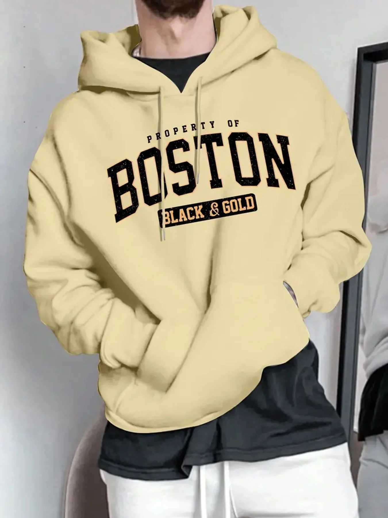 Mens Boston Letter Printed Fleece Warm Hood Adjustable Drawstring Comfortable Outdoor Use Autumn Winter Casual Fashion Hoodie M260312