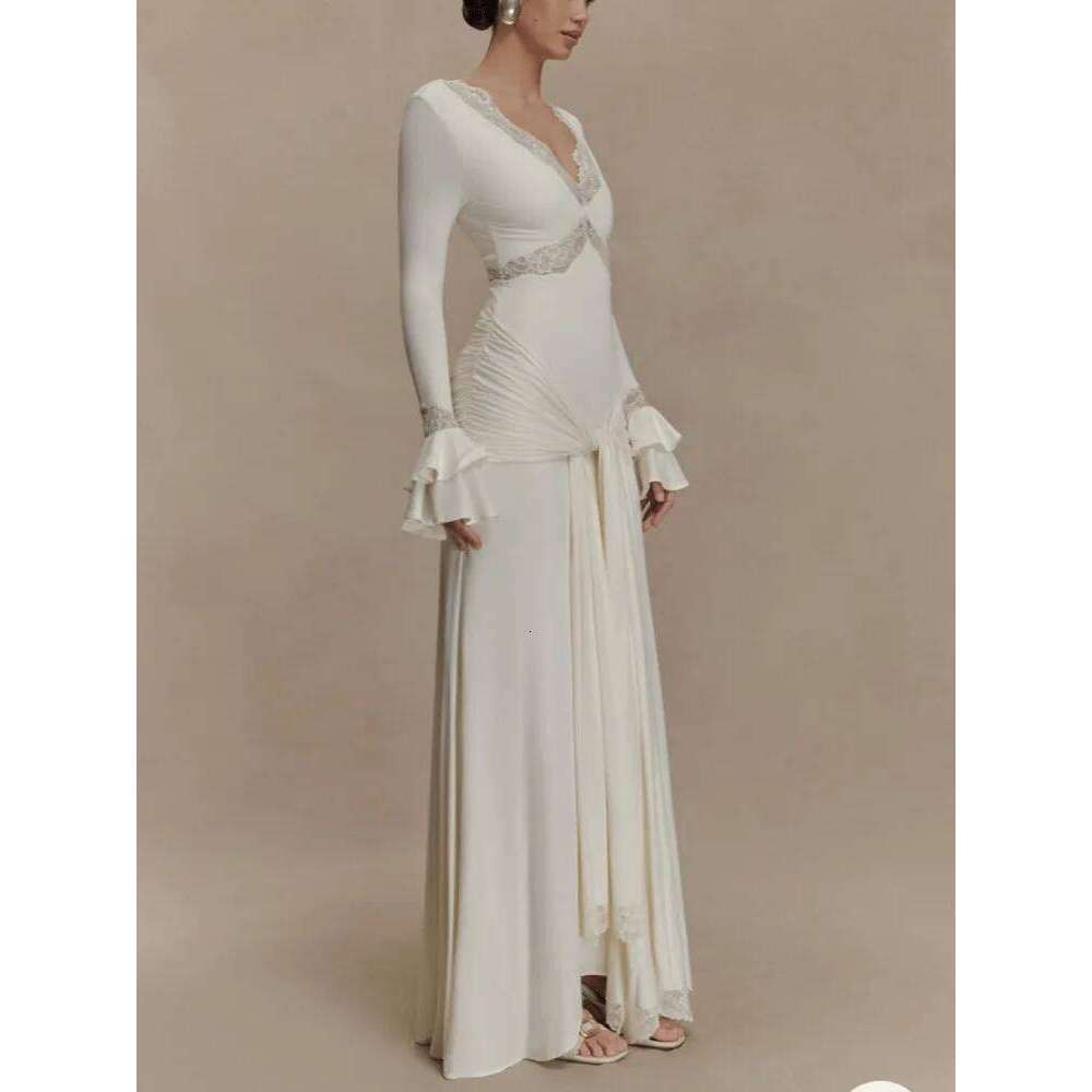 2025 Autumn Sleeve Sexy Maxi For Women Fashion Lace Patchwork V Neck Backless Draped Ruched Club Party Long Dress C260311