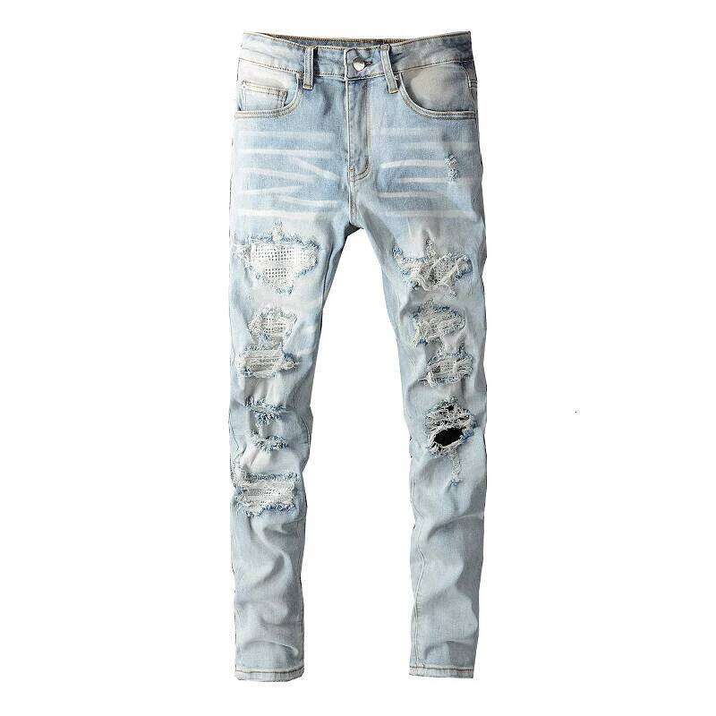 Men Crystal Holes Ripped Patchwork Jeans Streetwear Light Blue Denim Slim Skinny Pencil Pants Trousers 26Y0312