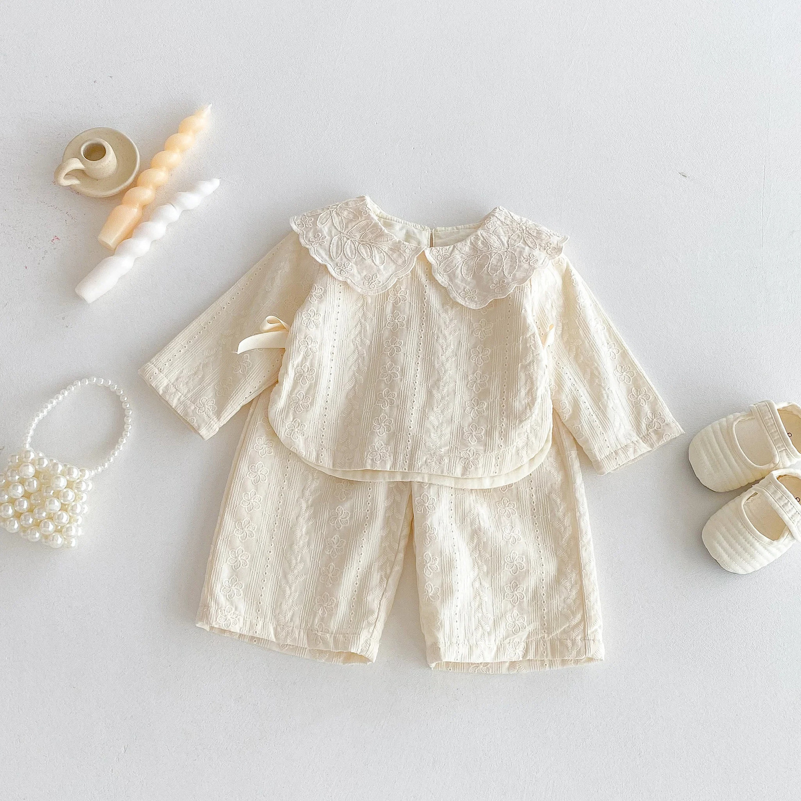 Baby girl lace collar top wideleg pants set autumn girls bow jacquard fabric twopiece 260311