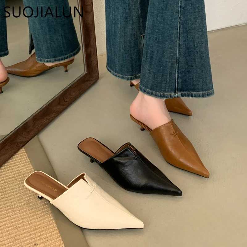SUOJIALUN 2025 New Women Slipper Fashion Pointed Toe Slip On Ladies Elegant Mules Shoes Thin Low Heel Casual Dress Slides K260312