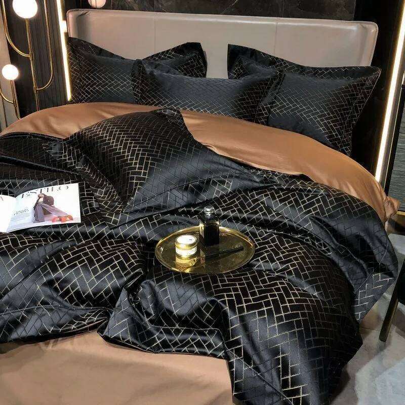 4/6Pcs Black Gold Yarndyed Jacquard Egyptian Cotton Smooth Duvet Cover Cal King Bedding Set Flat/Fitted Sheet Pillowcases H260312 - view 5
