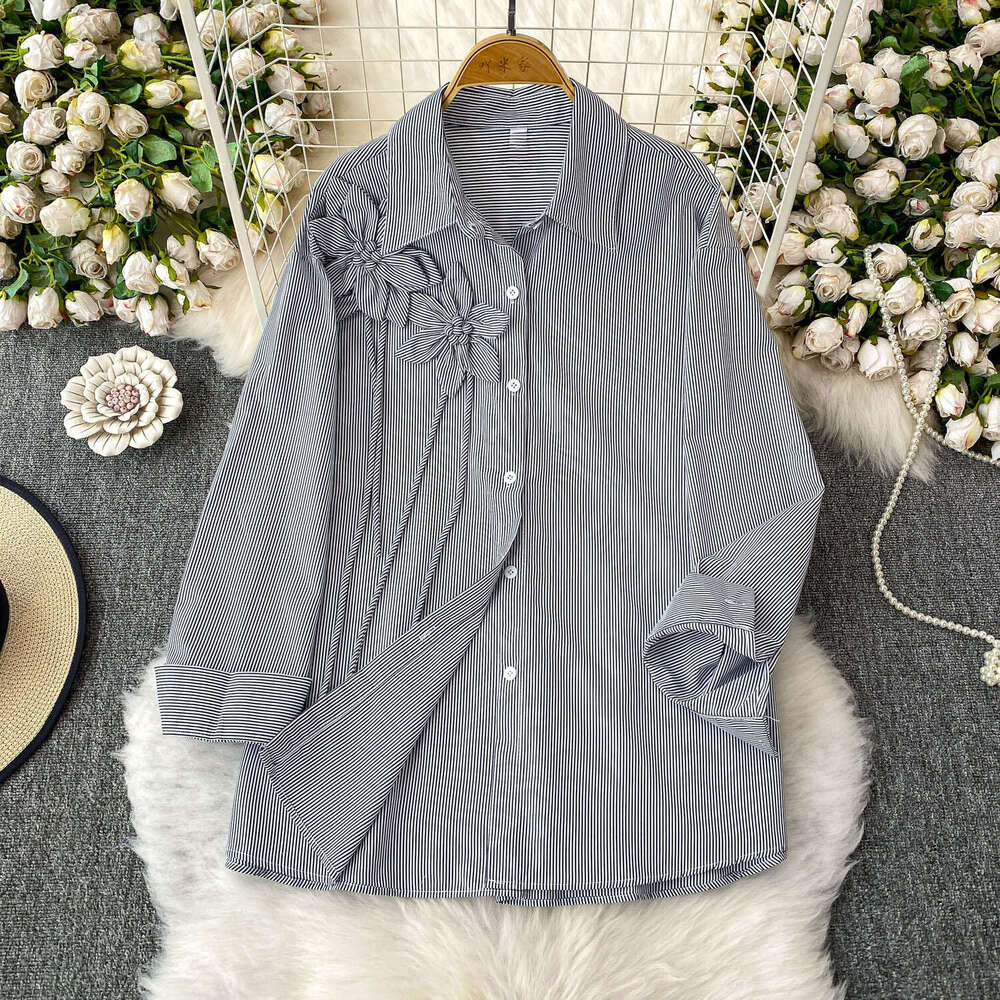 2026 Spring and Summer Korean Style Designer 3D Flower Collar Women's Long Sleeve Shirt Summer Striped Loose Top