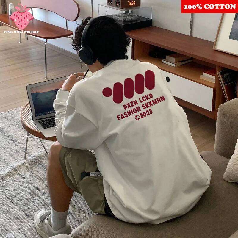 American Casual White Men's Autumn 2025 New 100% Cotton Oversize Long sleeved Sports Gym T-shirt Y2k Tops Men clothing Z260314