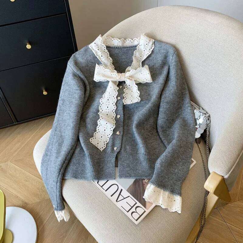 Lace Bow Knitting Cardigan Women Autumn Winter Elegant Slim Temperament Solid Color Sweater Coat Fashion All-match Knitwear Tops Z260313
