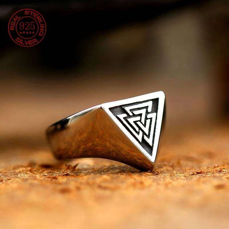 S925 Sterling Silver Minimalist Triangle Symbol Signet Nordic Rune Protector Amulet Ring Viking Jewelry Creativity Gift H260312