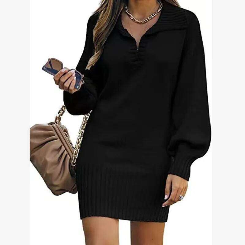 Autumn Winter Knitted Dress For Elegant Lapel Solid Lantern Sleeve Straight Dresses 2024 Fashion New Women Clothing Z260313