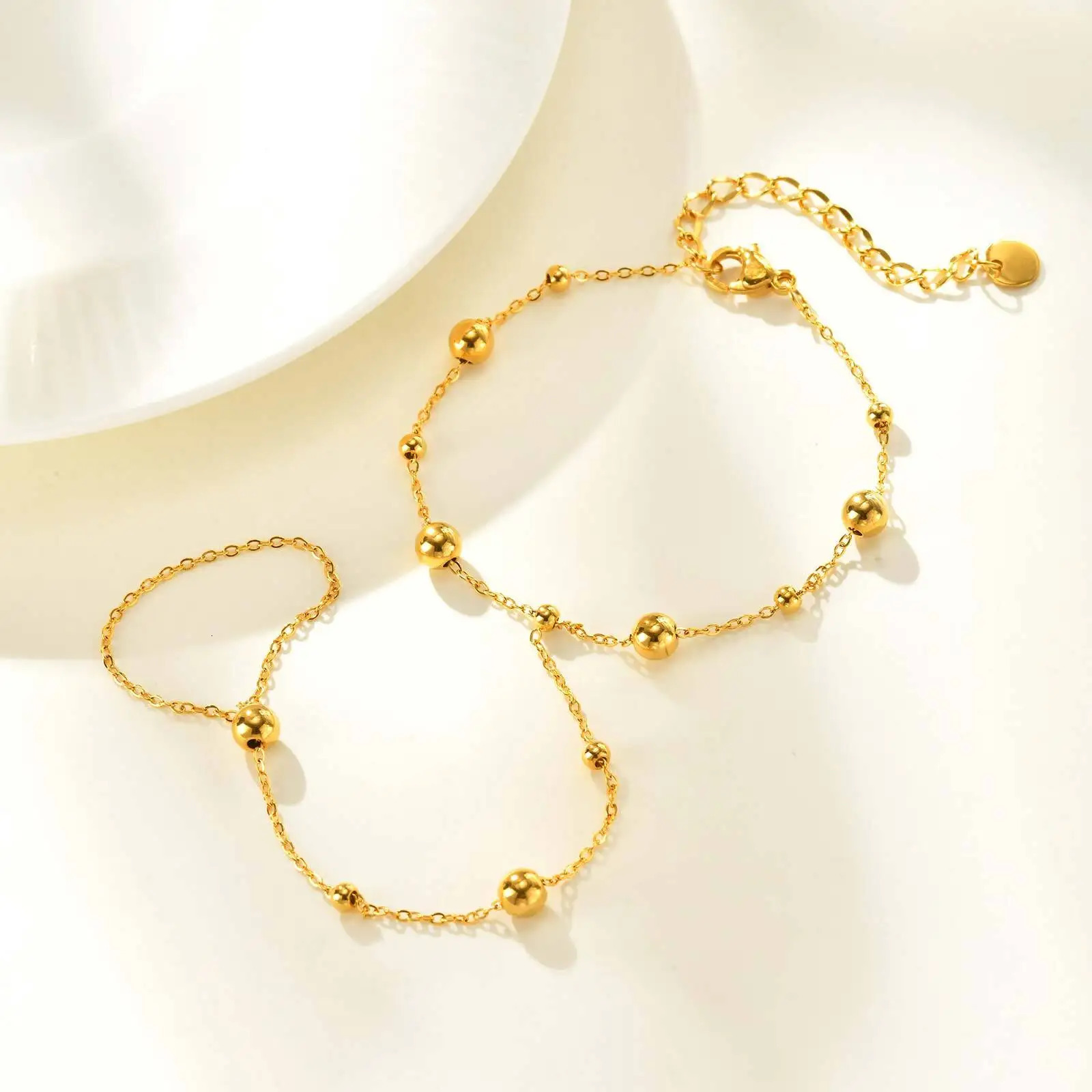 Stainless Steel Bead Hand Chain Bracelet For Women Trendy Ring Bracelet Hand Chain Body Jewelry 260313