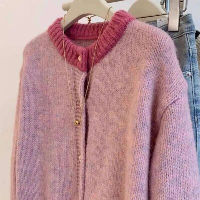 Single Breasted Pink Short Sweater Coat For Women Autumn Winter Lazy Small Knitted Cardigan Female O-Neck Splicing Color Top Z260314