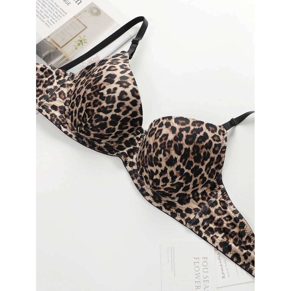 Women's sexy leopard print with steel ring gathering push up bra comfortable close fitting lingerie set B2087