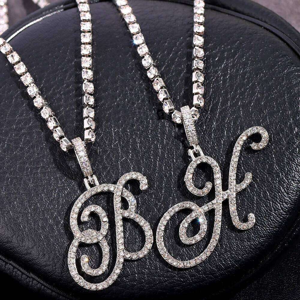 Flatfoosie Fashion A-Z Cursive Letter Crystal Chain For Women Bling Iced Out Initial Pendant Necklace Hip Hop Jewelry H260312