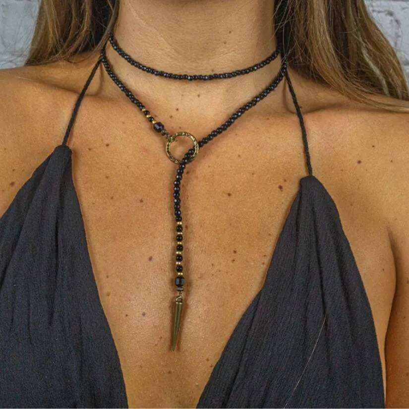 Black Bead Necklace Women'S Bold Long Boho Statement Stacked Layered Chain Choker Gothic Punk Festival Jewelry Gift For Her H260312