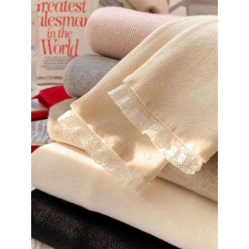 Korean Style Simple Base Layer Tops Womens Elegant Lace Trim Sweater Spring Autumn Grey Slim Fit Long Sleeves Pullovers Z260313