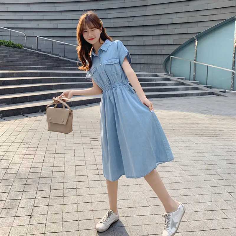 Lightweight Denim-Like Womens Dress Summer New Korean Style High-Waisted Button-Front Shirt Dress Versatile Casual Midi DressT260314