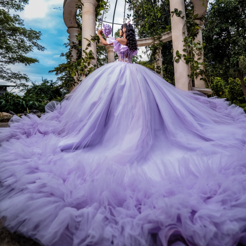 Lavender Shiny Ball Gown Quinceanera Dresses 2026 Applique Lace Beading Crystal Tiered Tull Off Shoulder Sweet 16 Dress Years Vestidos 15 De XV Anos