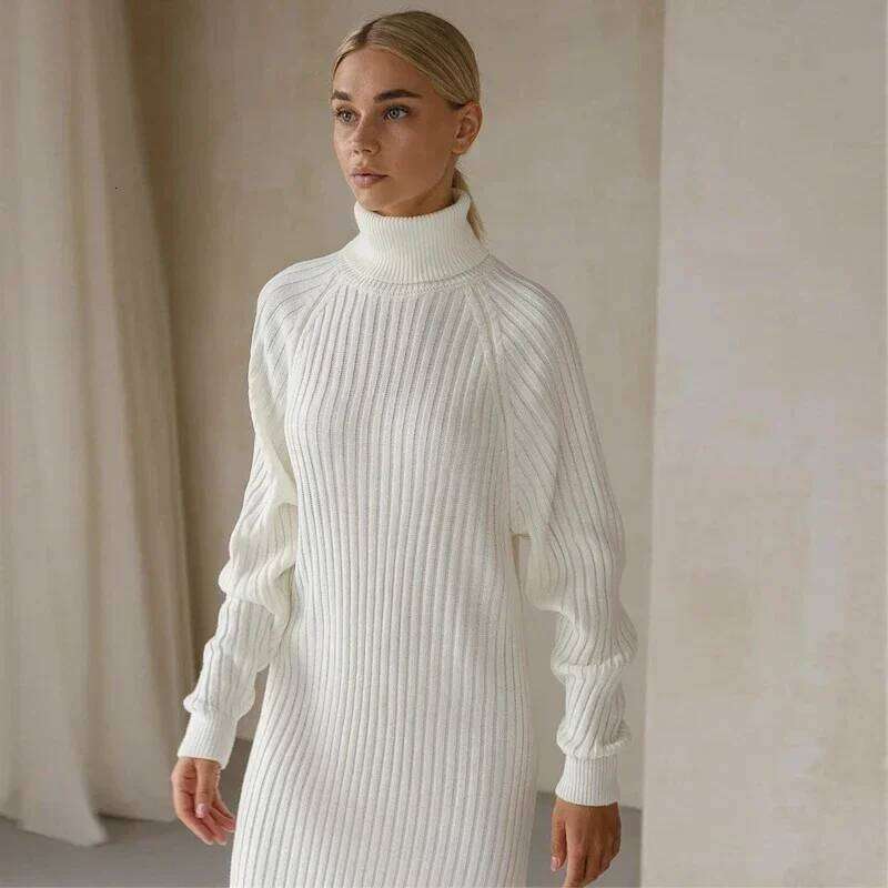 White Turtleneck Knitted Dresses Woman Winter Autumn Oversized Sweater Fashion Long Sleeve Mini Dress Casual Knitwear Z260314