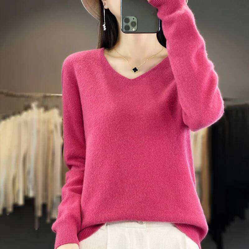 Women 100% Merino Wool Sweater V-Neck Basic Pullover Autumn Winter Cashmere Clothing Long Sleeve Soft Knitwear Tops Solid Color Z260313