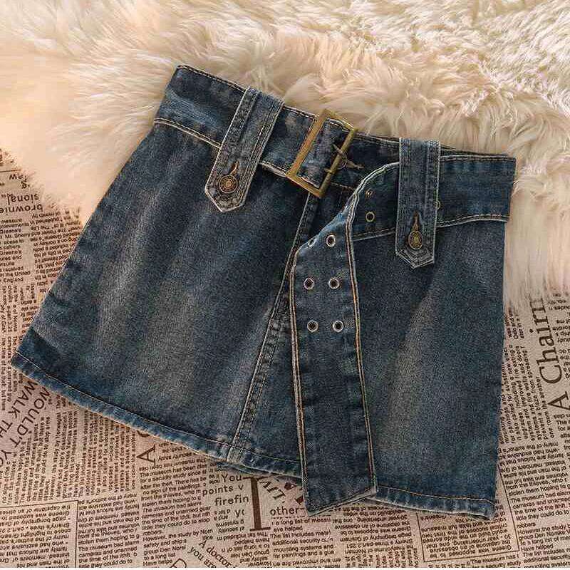 Gidyq Vintage Denim Mini Women Summer Sexy Solid Belt Jeans Female Casual Ball Gown Korean Slim A Line Skirts Z260314