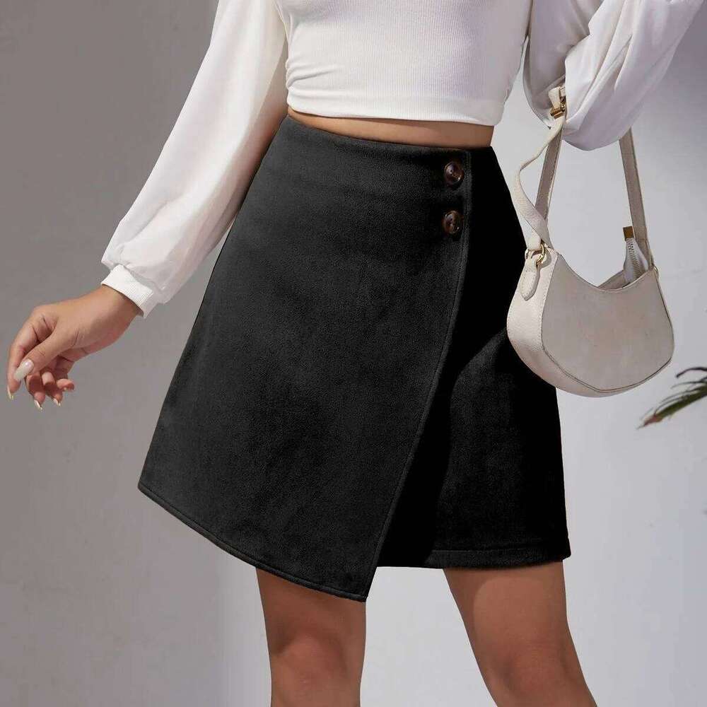 New Arrival 2025 Women's Autumn Winter Suede Irregular Skirt Solid Color High Waist Zipper Button Short Skirts For Woman Z260314