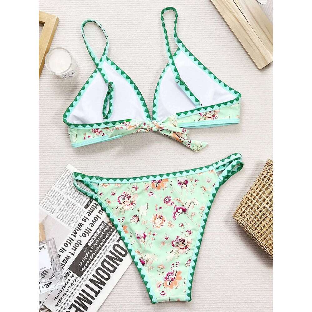 sexy green floral print bikinis sets two pieces back tie swimwear bohemian swimsuit women biquini thong bikini set bathing suits Y260303