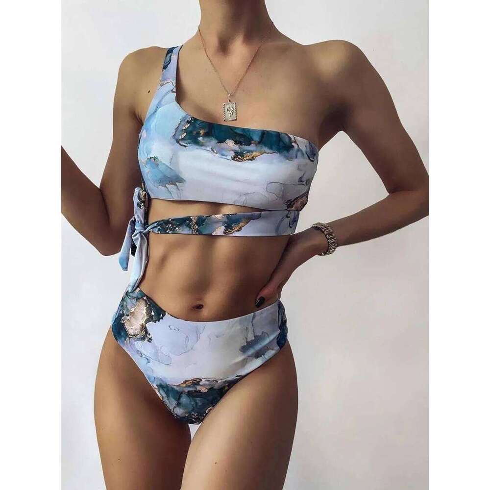 2025 New Print Sport Bandeau Push up Bikinis Sexy Marble Swimsuit High Waist Swimwear Women bathing suit Beach wear Y260303