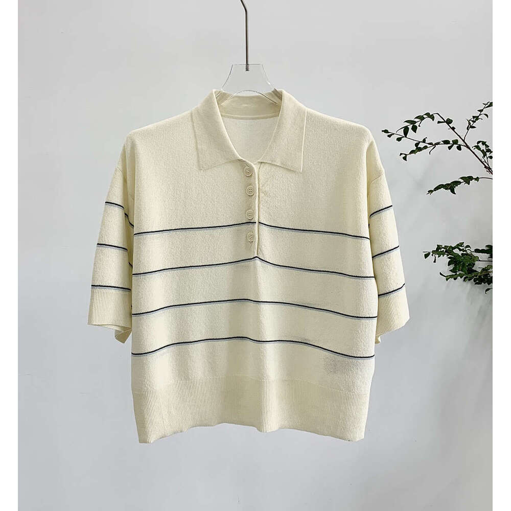 2026 High quality Women's Clothing Spring and Summer New Lightweight Two tone Striped Short sleeved Knitted Shirt