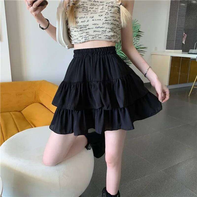 White Ruffles Mini Women Kawaii Elastic Waist A-line Loose Preppy Style Cute Short Pleated Skirt Korean Fashion Z260314