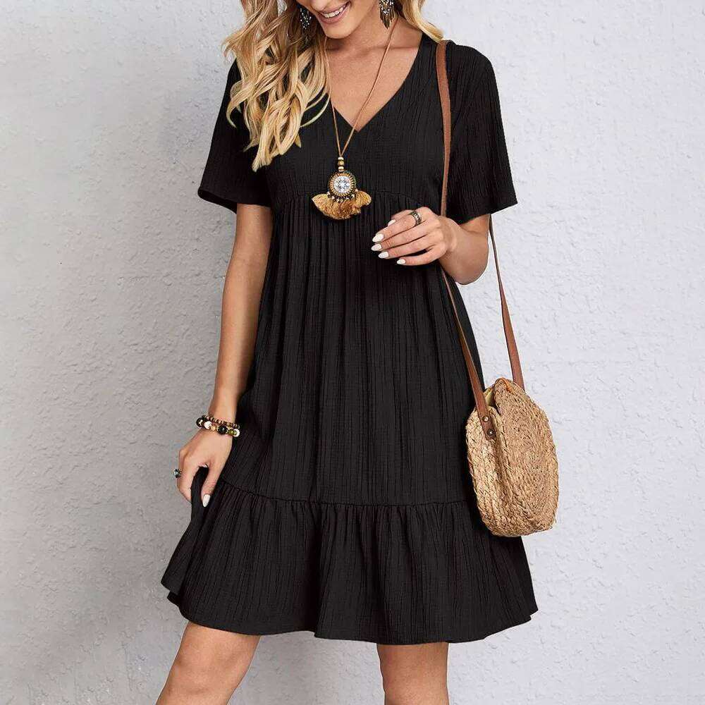 2025 Summer European and American Women's Loose Casual Short Sleeve Waist-tied Flowing Dress Z260313