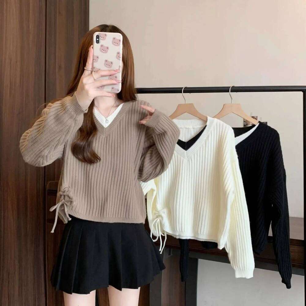Knitted Women's 2025 New Autumn Winter Fashion Versatile Slimming V-neck Long Sleeved Fake Two-piece Drawstring Sweater Z260313