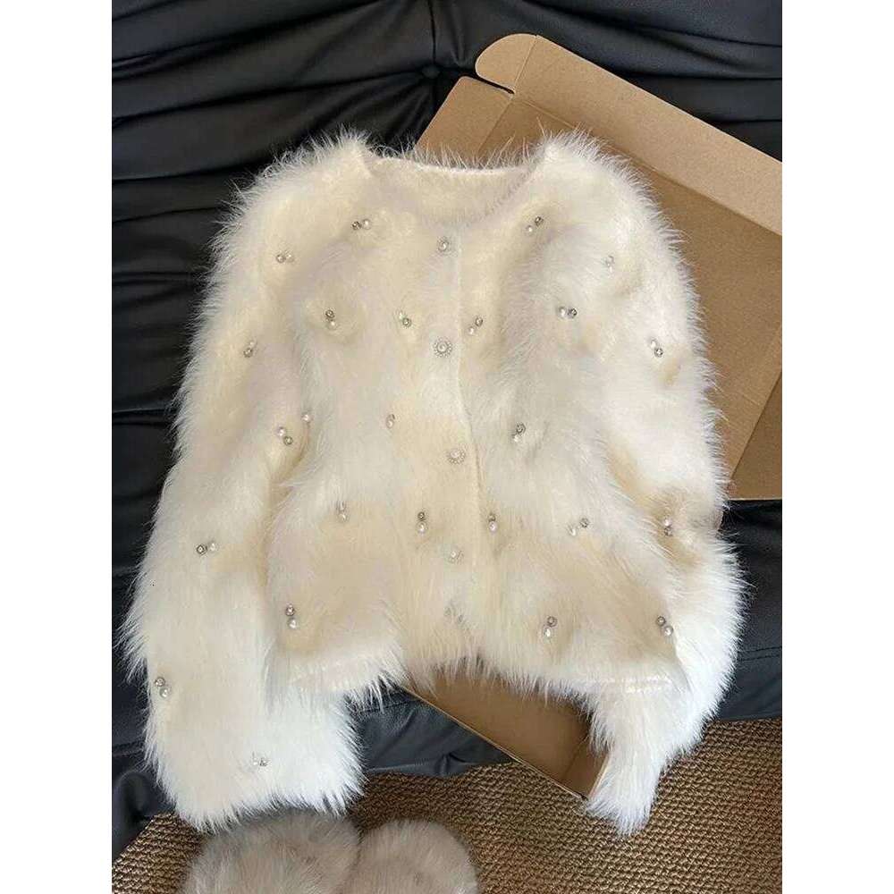 Chic Pearls White Cardigan Sweaters Women Elegant Sweet Faux Mink Cashmere Coats Korean Long Sleeve Fashion Knitted Tops Z260313