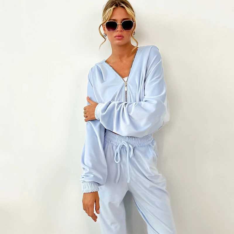 Womens Fall and Winter 2024 hot fashion set zipper hoodie Drawstring Tracksuit Trouser Solid color Two-piece set M260313