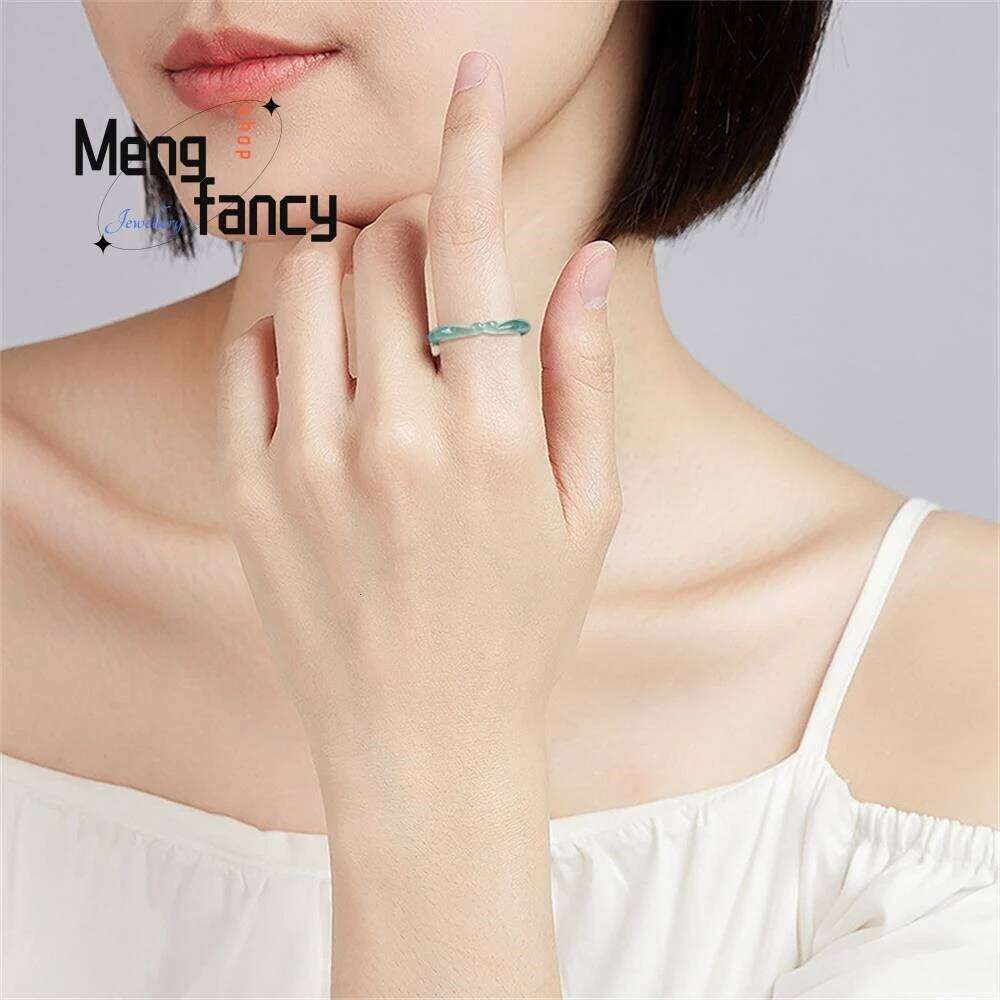 Natural A-goods Jadeite Blue Water Ruyi Tightrope Three-dimensional carving Ice Jade Ring Personalized Exquisite Fashion Jewelry H260312