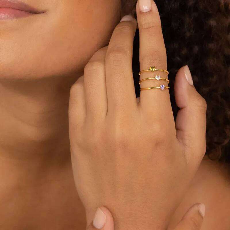 CARLIDANA Birthstone for Women Birthday Gifts Jewelry Gold Plated Stainless Steel Months Peach Heart Zircon Rings H260312