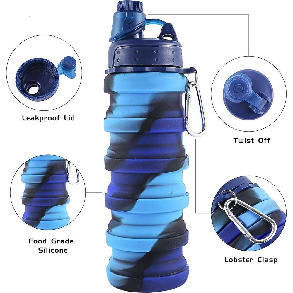 Leeseph Silicone Collapsible Water Bottles, Portable Foldable Sports Cups with Carabiner, Leak Proof for Outdoor Travel 500ml Z260314