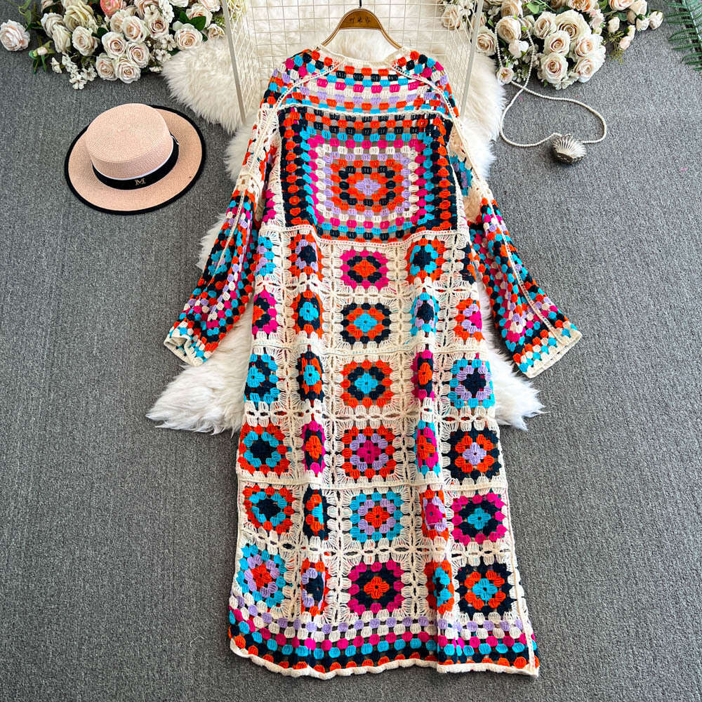 Designer ethnic style retro heavy-duty crochet hook design color A14 blocked checkered knitted women's cardigan jacket