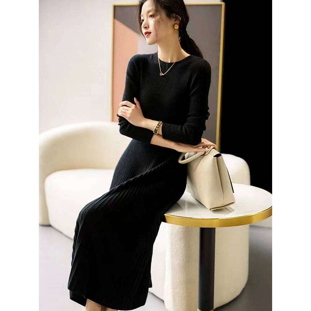 Women Sweater 100% Merino Wool A-Line Pleated Skirts Spring Autumn Pullover Cashmere Thin Slim Flare Dress O-neck Knitwear Z260314