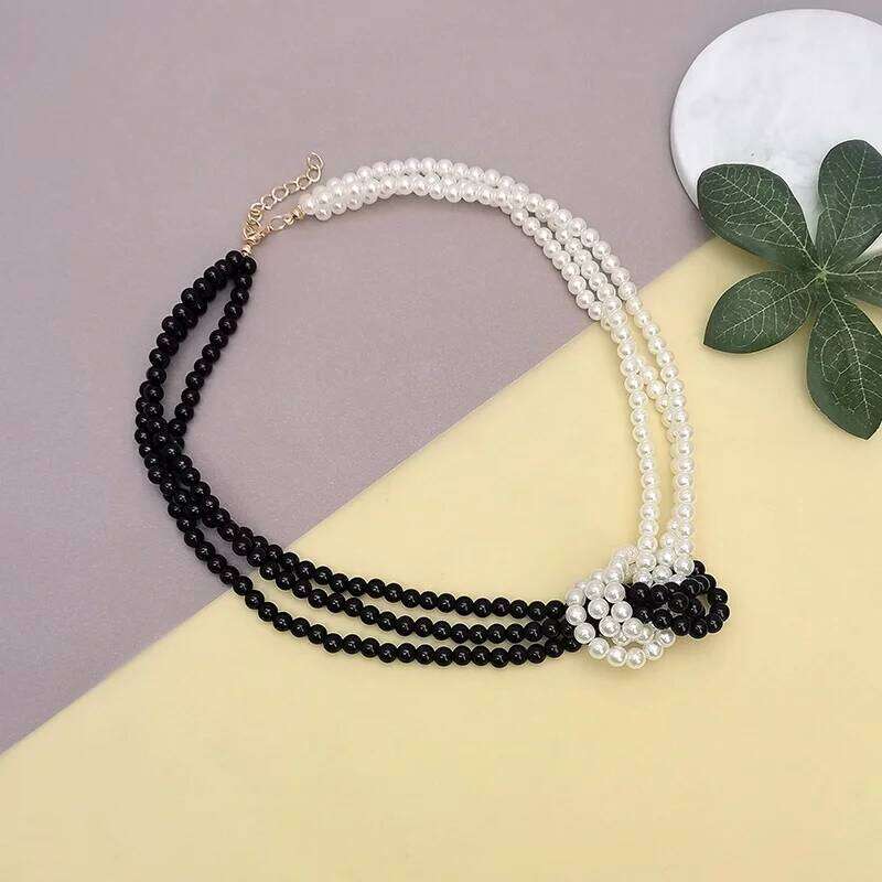 Women's Chic Layered Elegant & Beaded Pearl Necklace Black and White Yin Yang Knotted Design Statement Jewelry H260312
