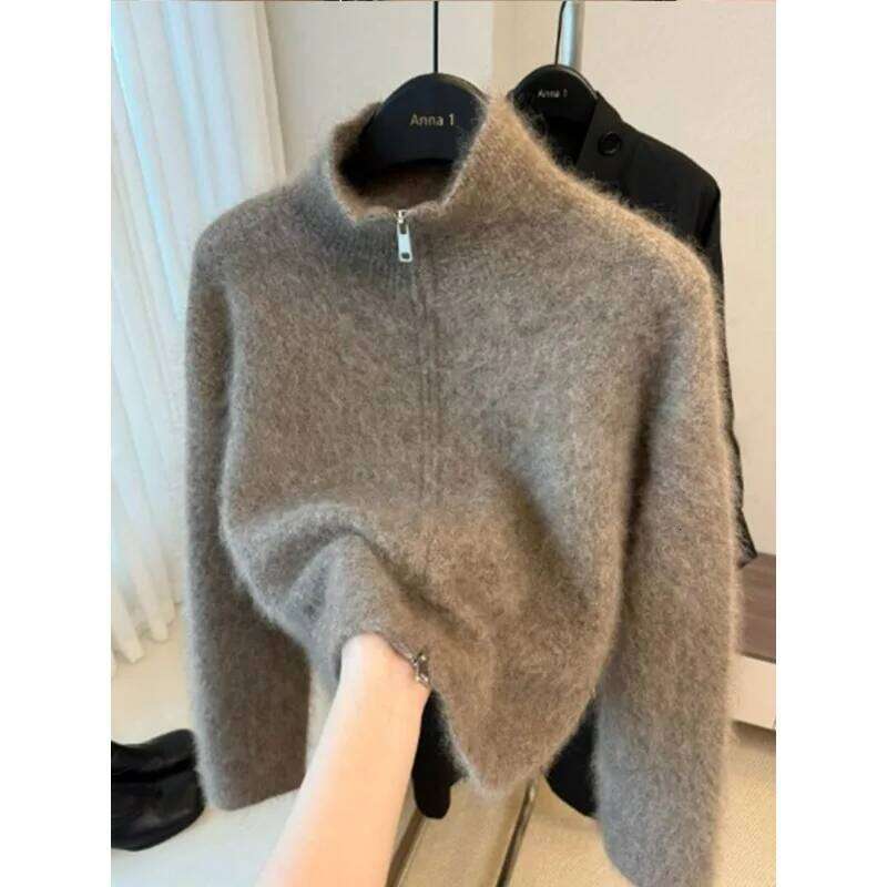 Maillard Brown Mohair Zipper Knitted Cardigan Jacket for Women in Autumn and Winter Loose Soft Top Z260313
