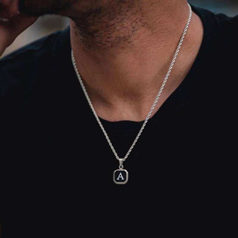 Vnox A-Z Initial Letters Men Necklaces, Geometric Pendant with Box Cuban Rope Chain, Stainless Steel Square Simple Collar H260312