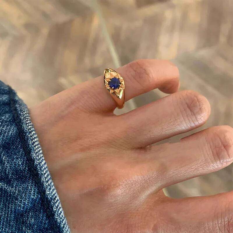 Foxanry Gold Color Blue Zircon Star Tail Rings For Women Couples Exquisite Trendy Elegant Temperament Engagement Jewelry Gifts H260312