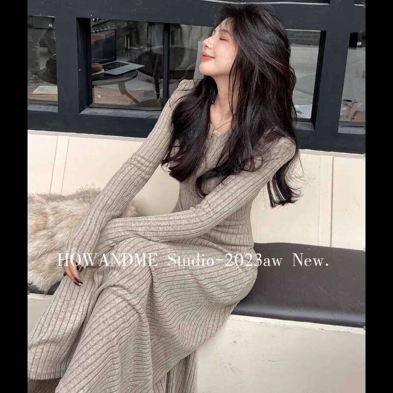 New Autumn Winter French Waist Mid-length Bottoming Skirt Long-sleeved Knitted Dress for Women Z260314