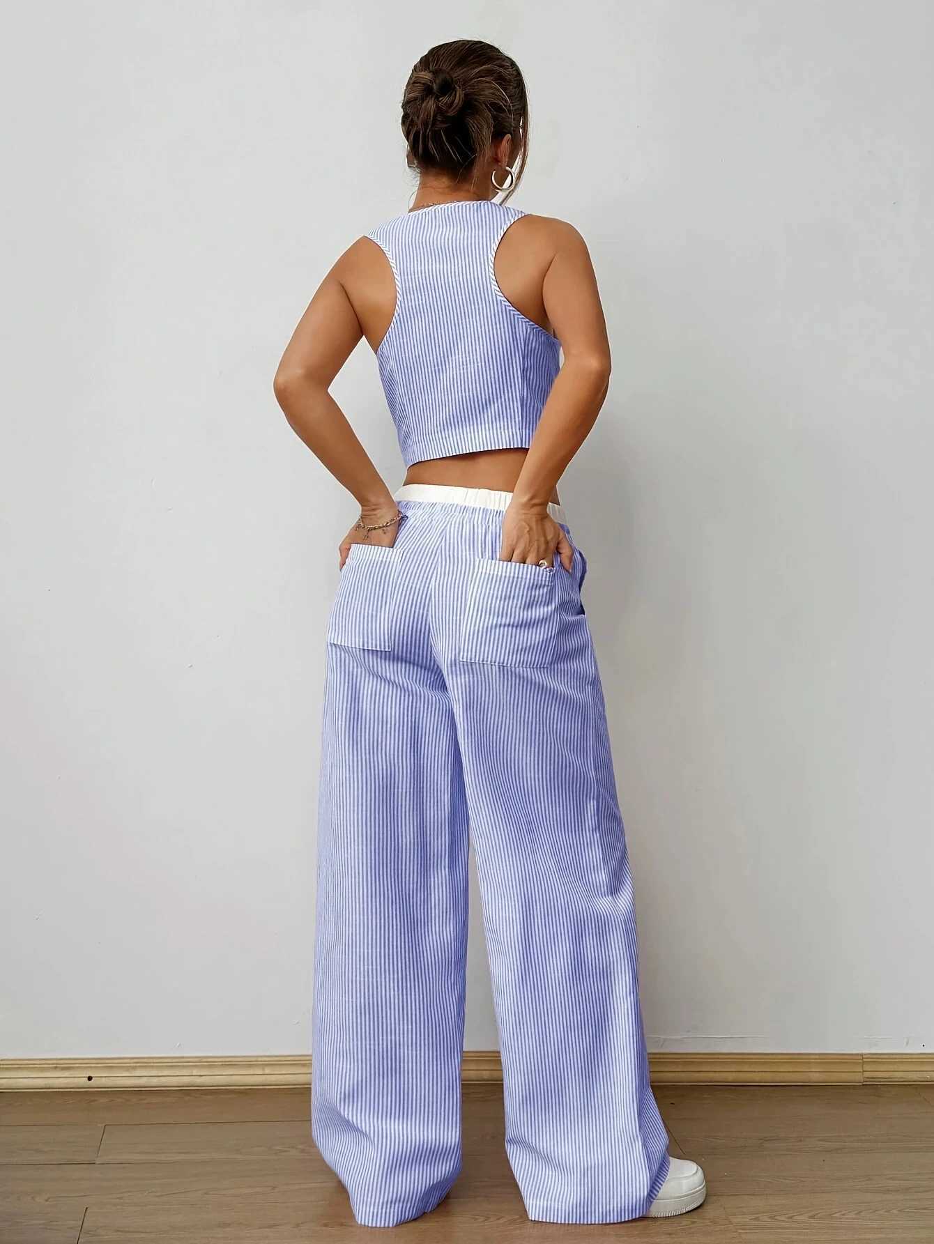 2025 New Elegant Striped Sleeveless V-Neck Vest Waist Contrast Color Trousers Two-Piece Set Summer Women Sets Fashion Suit Top M260313